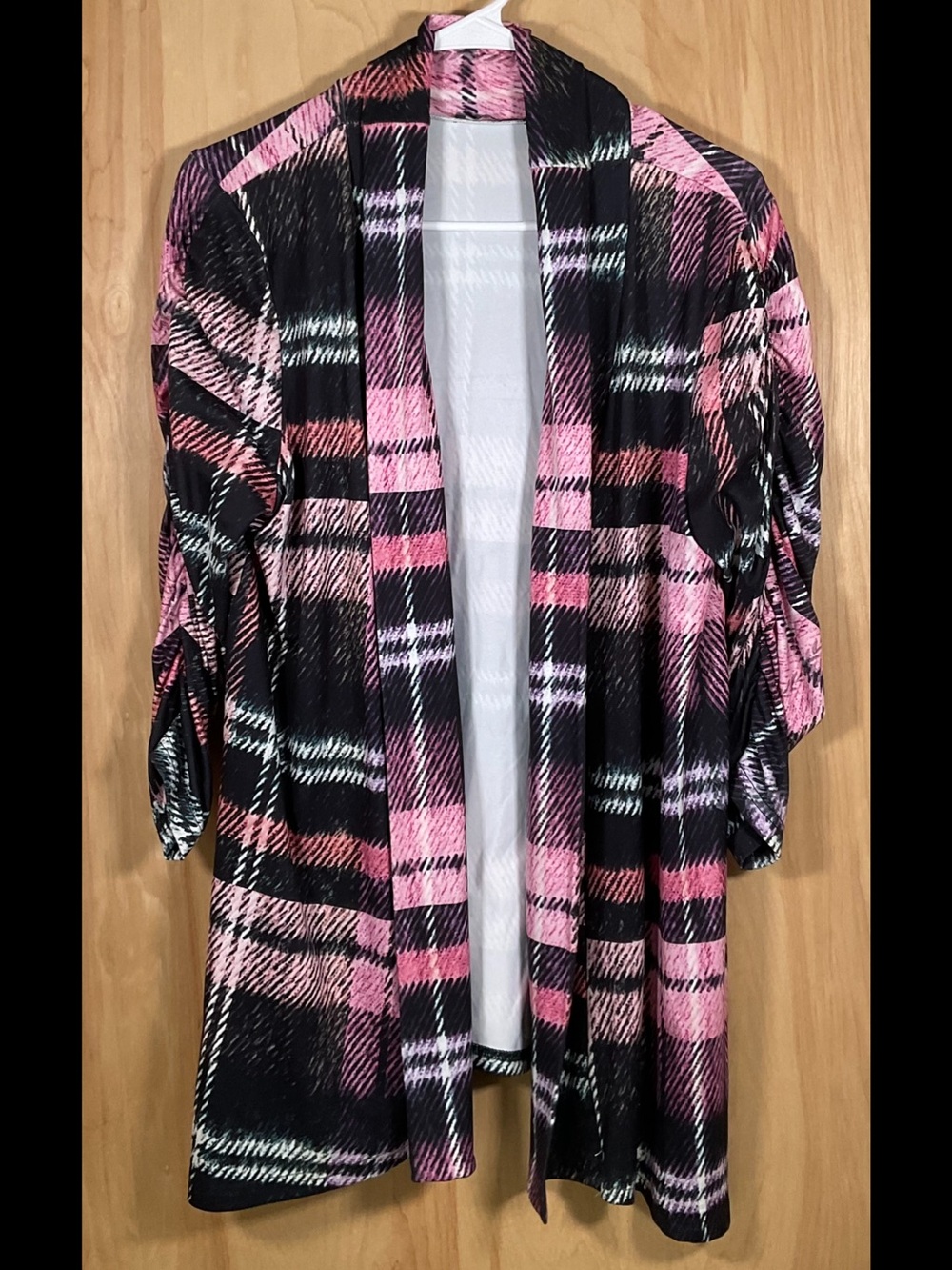 Lily by Firmiana Open Front Pink Plaid Cardigan Jacket - EUC